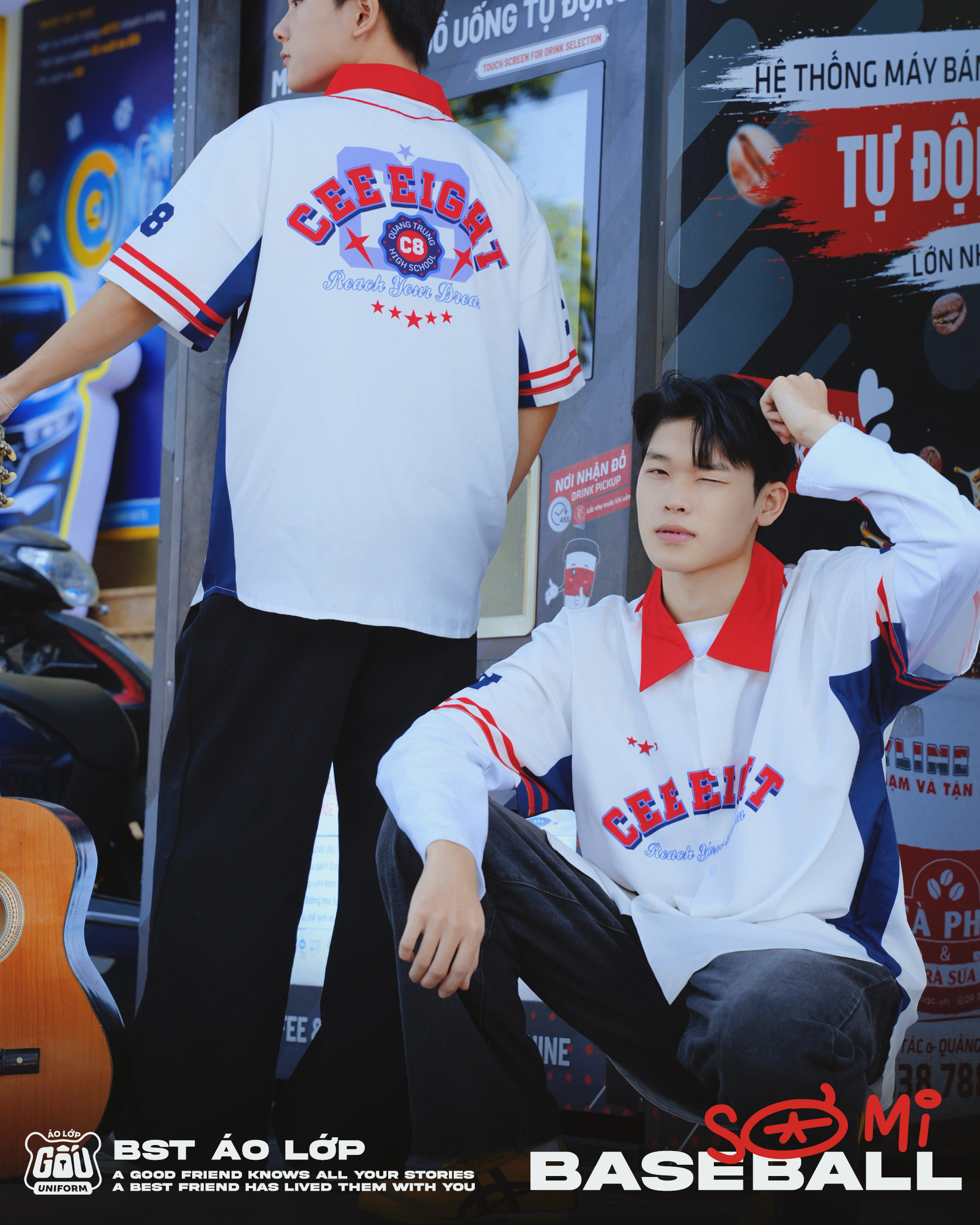 Áo lớp Sơmi Baseball màu trắng đỏ