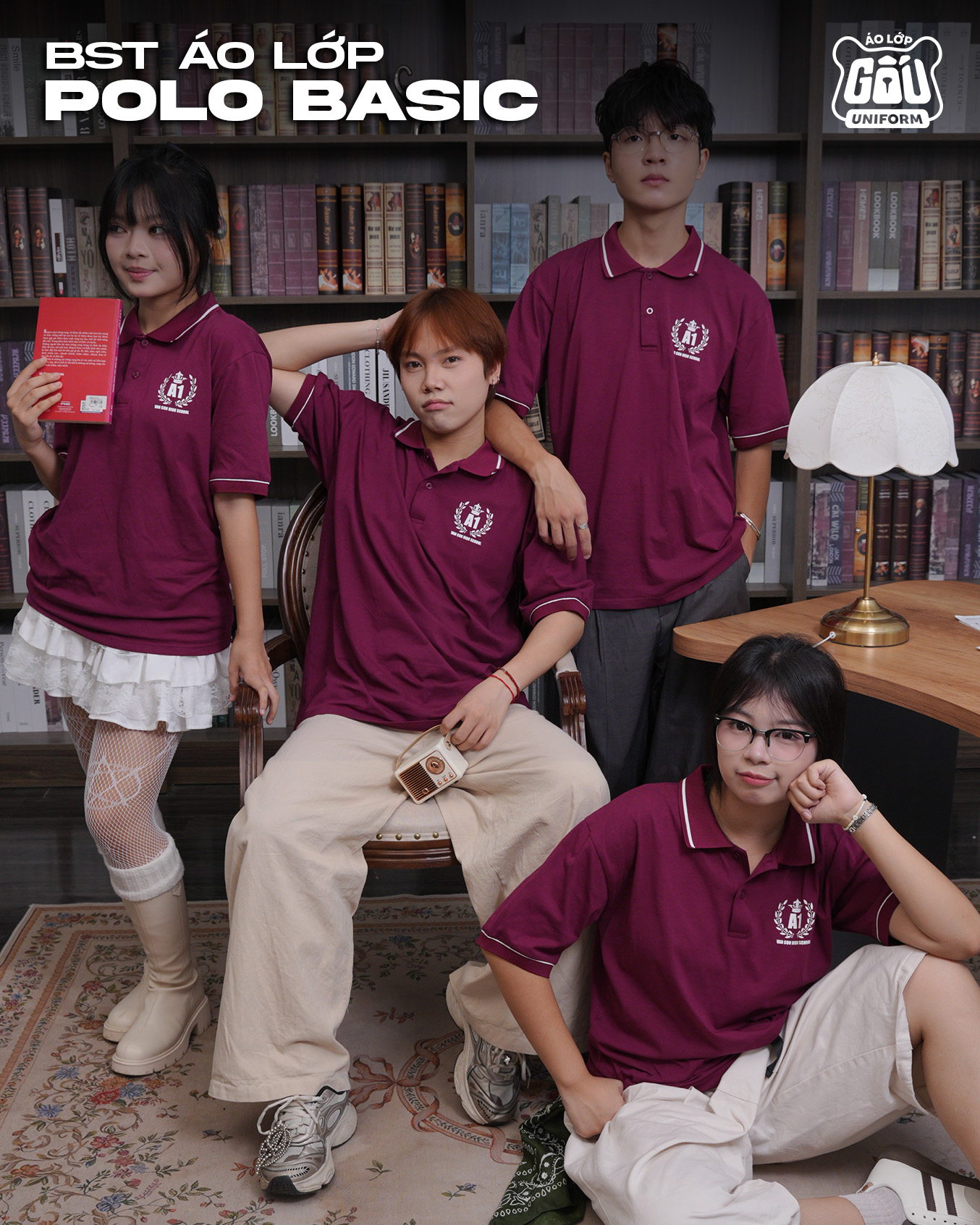 Áo lớp Polo Basic màu đỏ nho có line